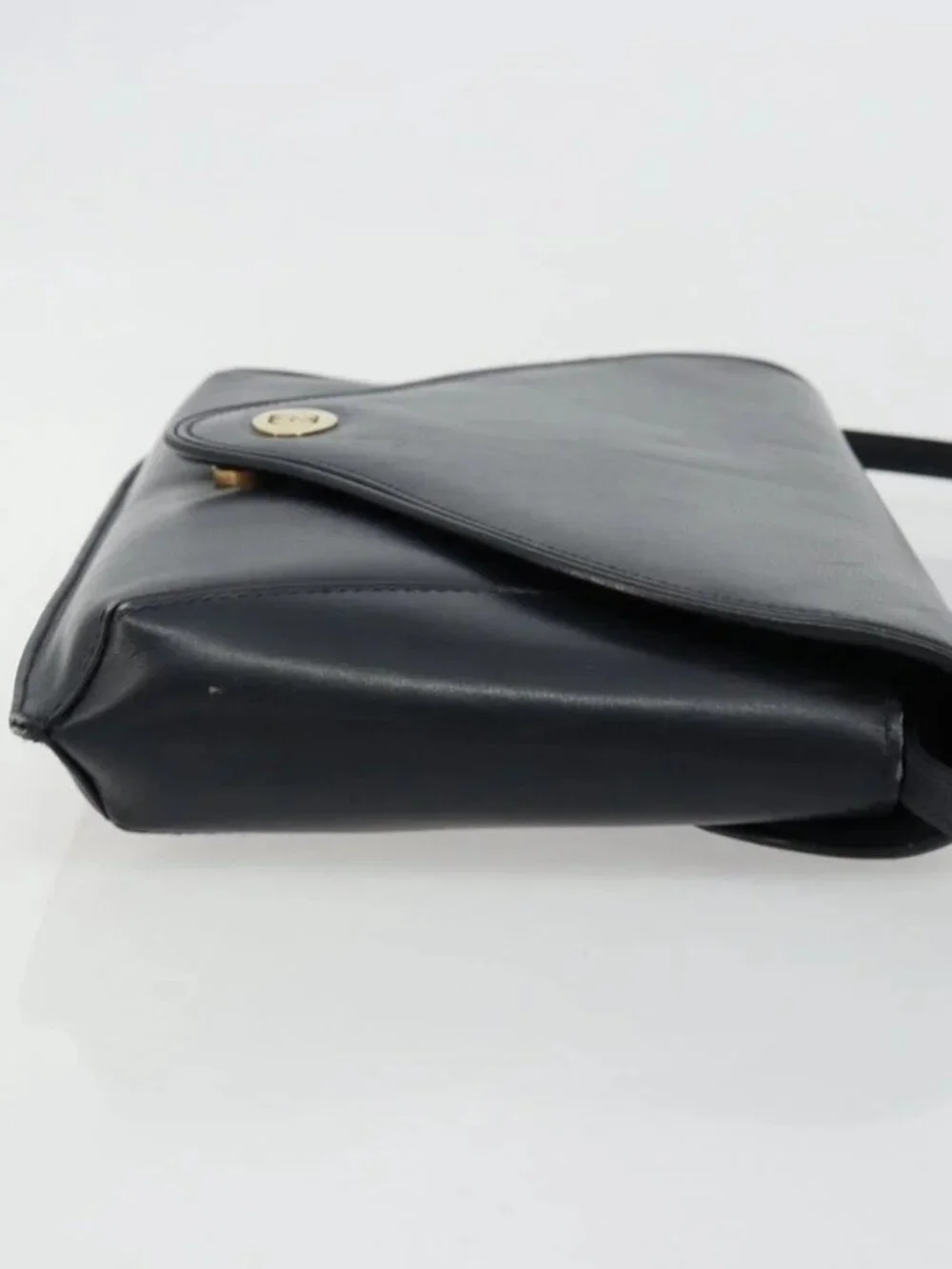 GUCCI Old Shoulder Bag Leather Navy Gold Auth